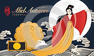 Retro style Chinese Mid Autumn festival moon cake cute rabbit and beautiful woman Chang E from a legend. Translation for Chinese photo
