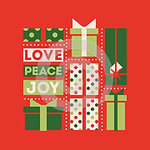 Retro style Christmas card with holiday gift boxes and wishes of love, peace and joy