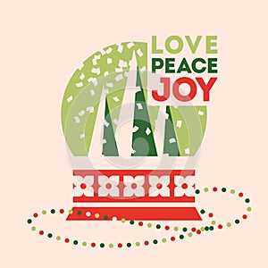 Retro style Christmas card with snow globe and wishes of love, peace and joy