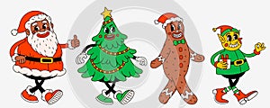 Retro style Christmas cartoon characters. Groovy vintage 70s funny black Santa Claus, Elf, ginger bread man and