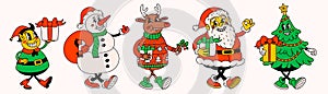 Retro style Christmas cartoon characters. Groovy vintage 70s funny Santa Claus, Elf, snowman, deer and christmas-tree