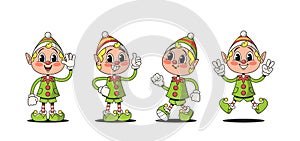 Retro Style Christmas Elves Cartoon Characters In Vintage Attire, Complete With Pointy Hats And Mischievous Grins