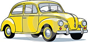 Retro style classic yellow car vector illustration with black outlines, isolated.