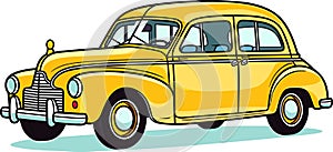 Retro style classic yellow car vector illustration with black outlines, isolated.