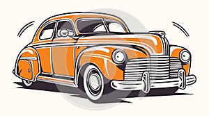 Retro style classic yellow car vector illustration with black outlines, isolated on white background