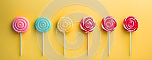 Retro style colorful round shape lollipop on bright background. Round spiral candy on stick