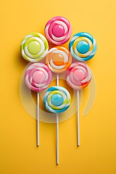 Retro style colorful round shape lollipop on bright background. Round spiral candy on stick