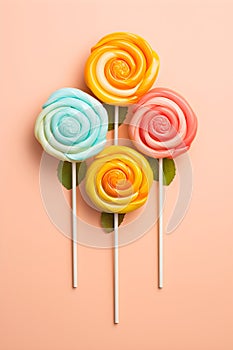 Retro style colorful round shape lollipop on bright background. Round spiral candy on stick