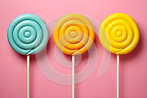 Retro style colorful round shape lollipop on bright background. Round spiral candy on stick