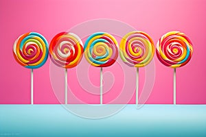 Retro style colorful round shape lollipop on bright background. Round spiral candy on stick