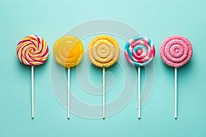 Retro style colorful round shape lollipop on bright background. Round spiral candy on stick