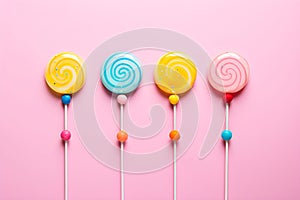 Retro style colorful round shape lollipop on bright background. Round spiral candy on stick