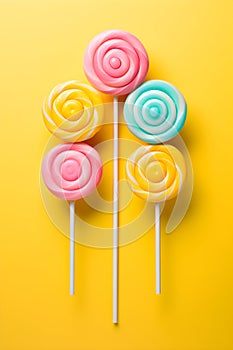 Retro style colorful round shape lollipop on bright background. Round spiral candy on stick