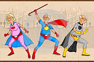 Retro style comics Superhero old man and woman