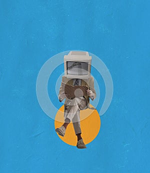 Retro style design. Contemporary art collage of man with vintage computer head reading isolated over blue background