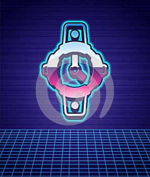 Retro style Diving watch icon isolated futuristic landscape background. Diving underwater equipment. 80s fashion party