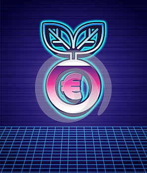 Retro style Euro plant icon isolated futuristic landscape background. Business investment growth concept. Money savings