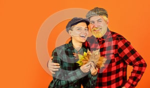 Retro style. Farmer family concept. Couple in love checkered rustic outfit. Cheerful smiling couple dating. Fall season