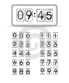 Retro style flip clock or scoreboard mechanical numbers 1 to 0 set white on black