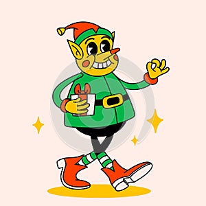 Retro style Funny cartoon christmas elf Groovy vintage 70s Elf character with gift box.