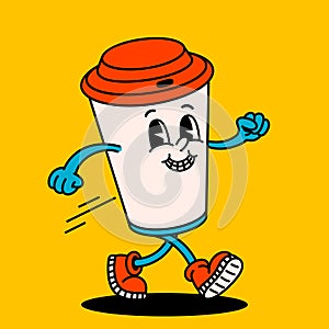 Retro style Funny cartoon coffee cup. Groovy vintage 70s coffee paper cup character walking.