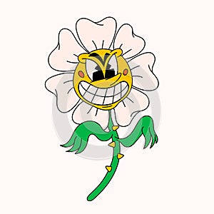 Retro style Funny cartoon daisy flower with a menacing, carnivorous smile. Groovy vintage 70s flower character with a