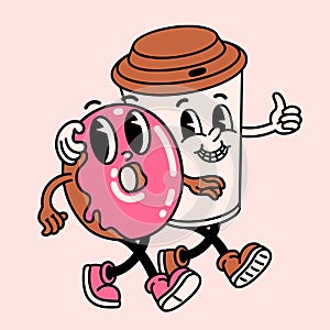 Retro style Funny cartoon donut and coffee cup. Groovy vintage 70s coffee and cookie characters walking arm in arm