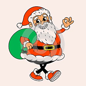 Retro style Funny cartoon Santa Claus. Groovy vintage 70s Santa character with bag of gifts