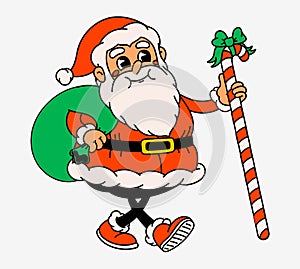 Retro style Funny cartoon Santa Claus. Groovy vintage 70s Santa character with bag of gifts and candy cane.