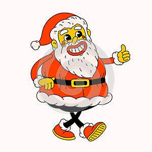 Retro style Funny cartoon Santa Claus. Groovy vintage 70s Santa character giving a thumbs up. Ideal for Christmas and
