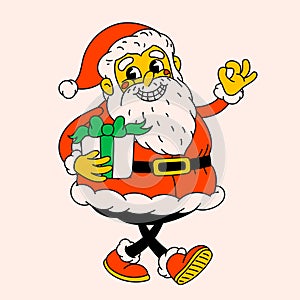 Retro style Funny cartoon Santa Claus. Groovy vintage 70s Santa character holding a gift and gesturing OK. Ideal for