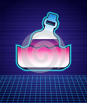 Retro style Glass bottle with a message in water icon isolated futuristic landscape background. Letter in the bottle