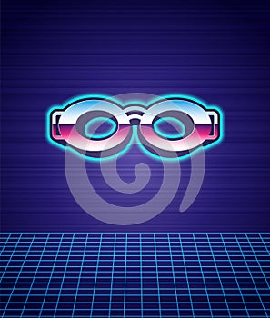 Retro style Glasses for swimming icon isolated futuristic landscape background. Swimming goggles. Diving underwater