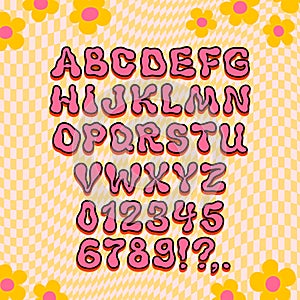Retro style groovy alphabet. Vintage 70s font letters and numbers on checkered background.