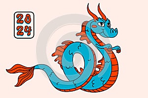 Retro style groovy cartoon dragon greeting card. Vintage 70s a funny smiling dragon character, symbol of the year, in