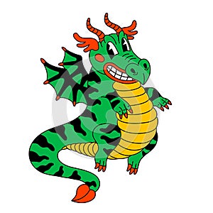 Retro style groovy cartoon dragon. Vintage 70s a funny smiling dragon character, symbol of the year