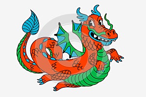 Retro style groovy cartoon dragon. Vintage 70s a funny smiling dragon character, symbol of the year, with wings and
