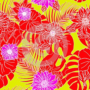 Retro style hand drawn hawaiian tropical leaves and flowers design seamless pattern vector