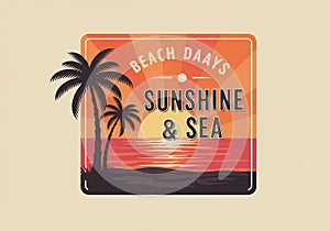 Retro-style illustration featuring two silhouetted palm trees against a vibrant sunset