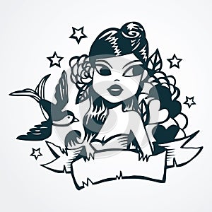 Hand Drawn Vintage Tattoo Ink Girl photo