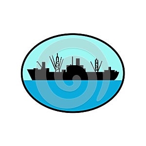 Retro style illustration of silhouette of a World war two amphibious attack cargo ship viewed from side set inside oval on