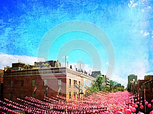 Retro style image of gay neighborhood decorated with pink balls