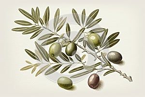 A retro-style image of an olives branch on a white background using risograph risoprint printing