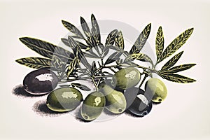 A retro-style image of an olives branch on a white background using risograph risoprint printing