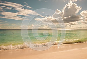 Retro style image of tropical island beach