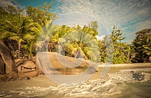 Retro style image of tropical island beach