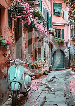 Retro-style Italian legendary scooter in rests on narrow old town center street covered flowers petals, awaiting its owner. An