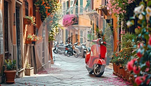 Retro-style Italian legendary scooter rests on narrow old town center street covered flowers petals, awaiting its owner. An