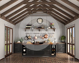 Retro style kitchen in a room with wooden roof trusses