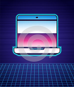 Retro style Laptop icon isolated futuristic landscape background. Computer notebook with empty screen sign. 80s fashion
